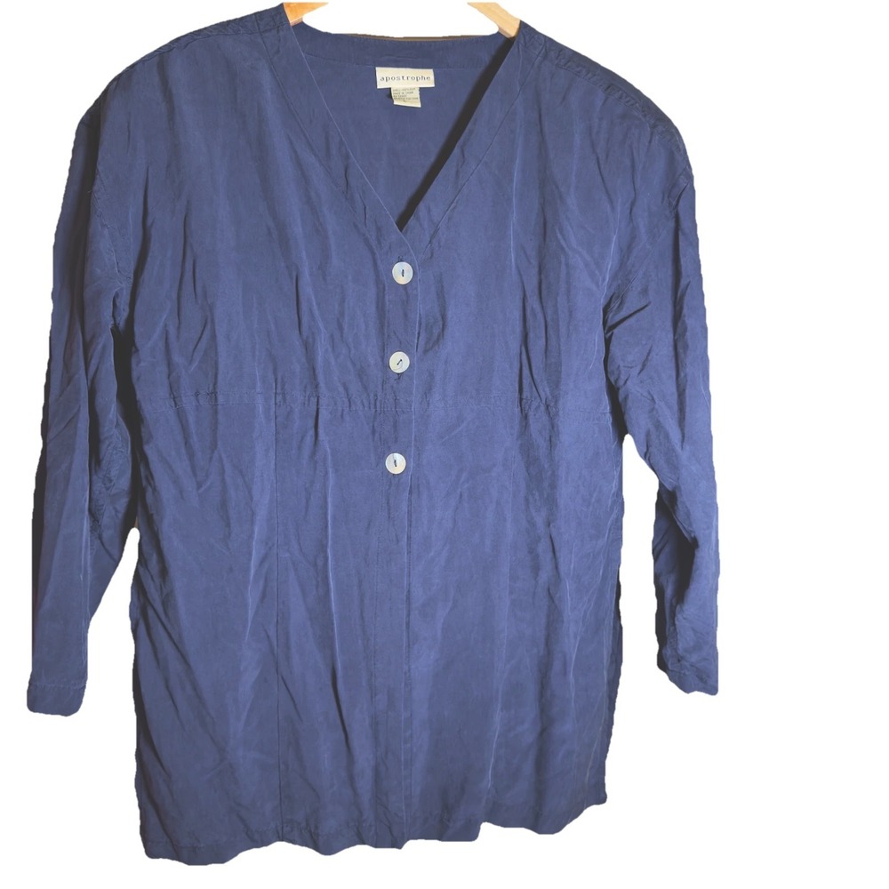 Apostrophe Long Sleeve Sweater Navy Women's Size Large V-Neck 100% Silk Button
